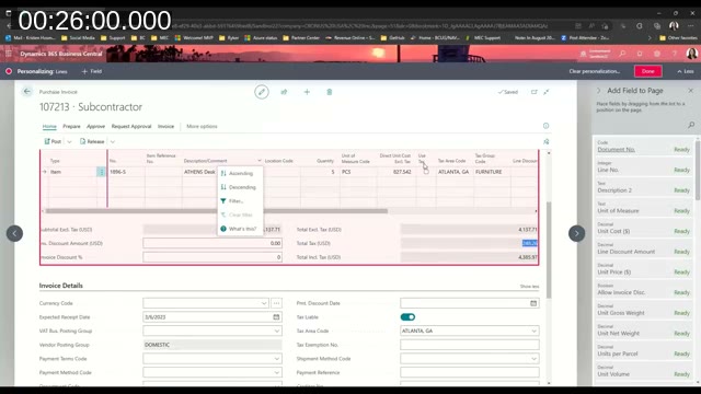 Purchase invoice line in personalization mode adding the Use Tax field, which is not shown by default
