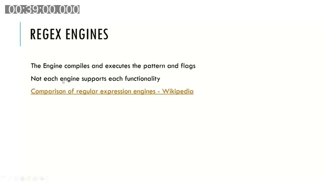 Slide titled Regex Engines noting that not every engine supports every feature, linking to the Wikipedia comparison of regular expression engines