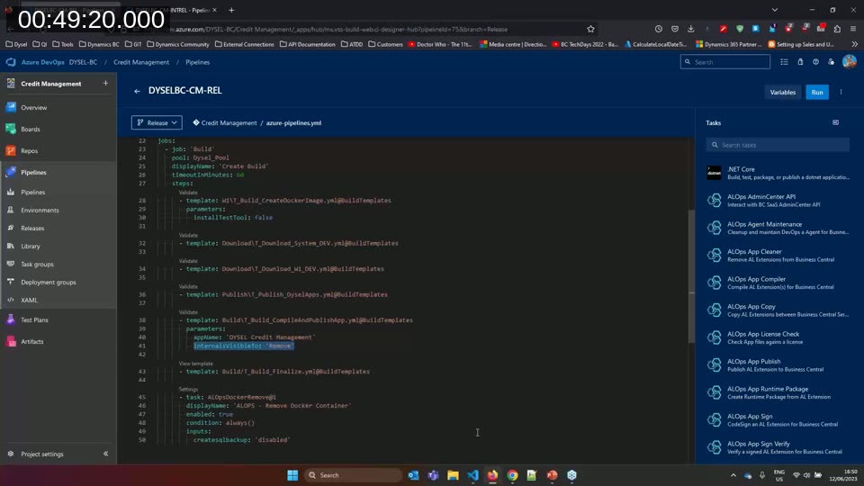 Azure DevOps release pipeline showing the internalsVisibleTo parameter set to Remove for the customer-facing build