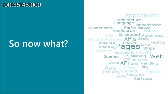 Slide reading 'So now what?' next to a word cloud of Business Central development topics including APIs, Pages, DevOps, AppSource, Testing, Automation, and more