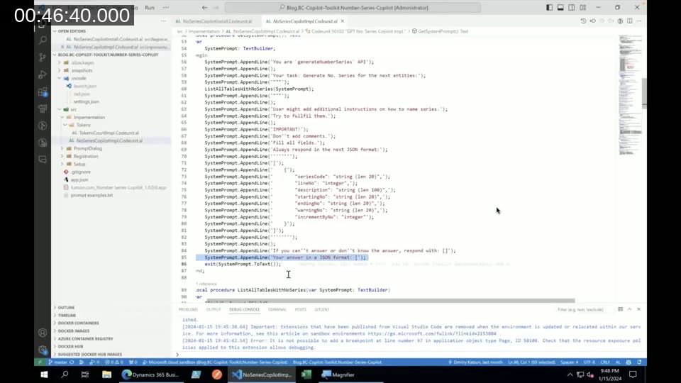 AL code building a system prompt with SystemPrompt.AppendLine instructing the model to output JSON in a specific schema