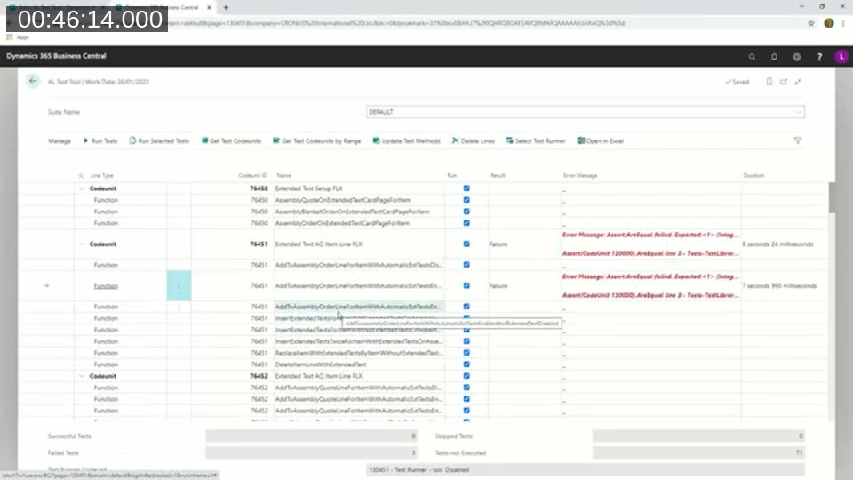 AL Test Tool suite list with the 'Test Runner - Isol. Disabled' test runner selected