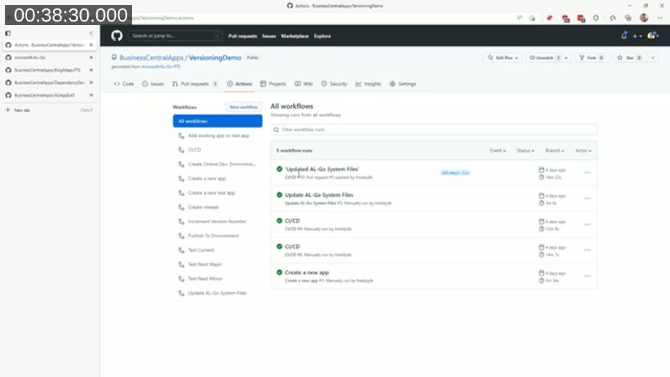 GitHub Actions run history showing the 'Update AL-Go System Files' workflow and resulting pull request