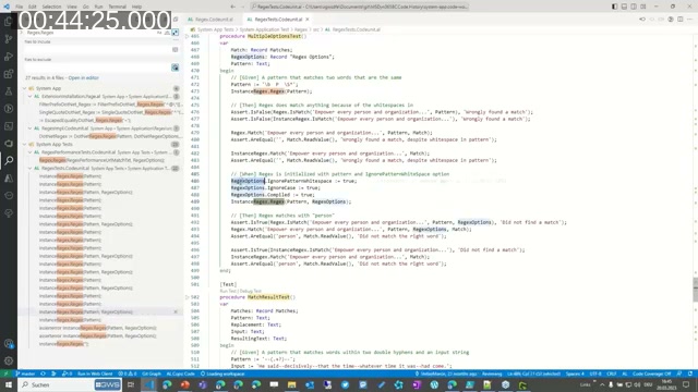 VS Code showing AL test code for the System Application Regex codeunit, including IsMatch calls and Regex Options such as IgnorePatternWhitespace and Compiled