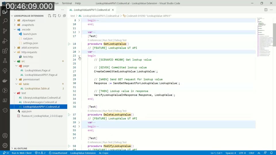 AL test codeunit in Visual Studio Code showing the GetLookupValue test procedure with Given/When/Then comments and helper function calls
