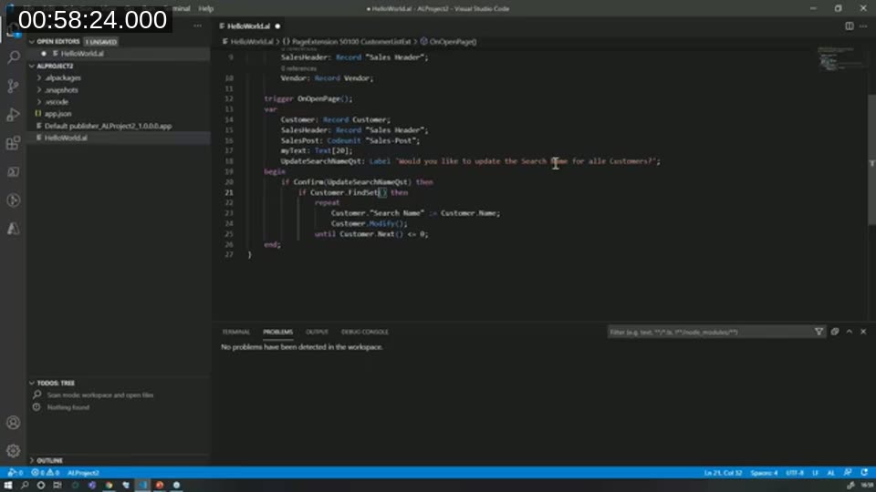 Same AL code after AL Variable Helper's fix casing command, with correct casing and parentheses added to function calls