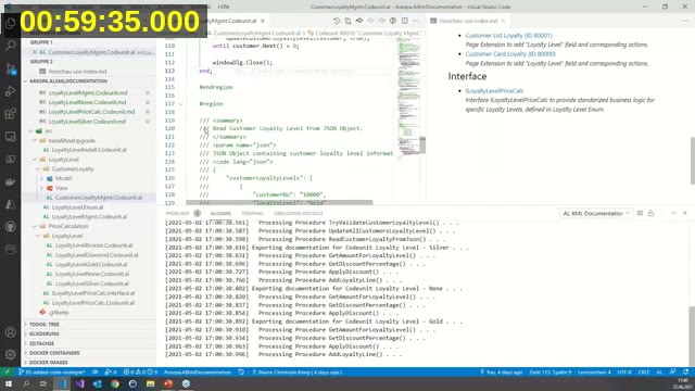 VS Code showing AL code with XML documentation comments and the AL XML Documentation extension exporting documentation in the terminal