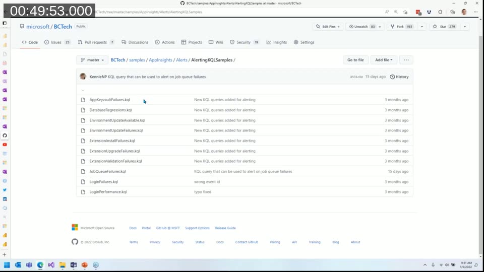 GitHub folder listing of AlertingKQLSamples with KQL files for job queue failures, environment update failures, and login performance