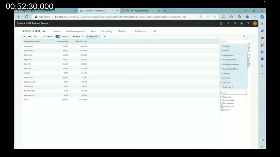 Business Central analysis view generated by Analyze AI showing posting date month summaries