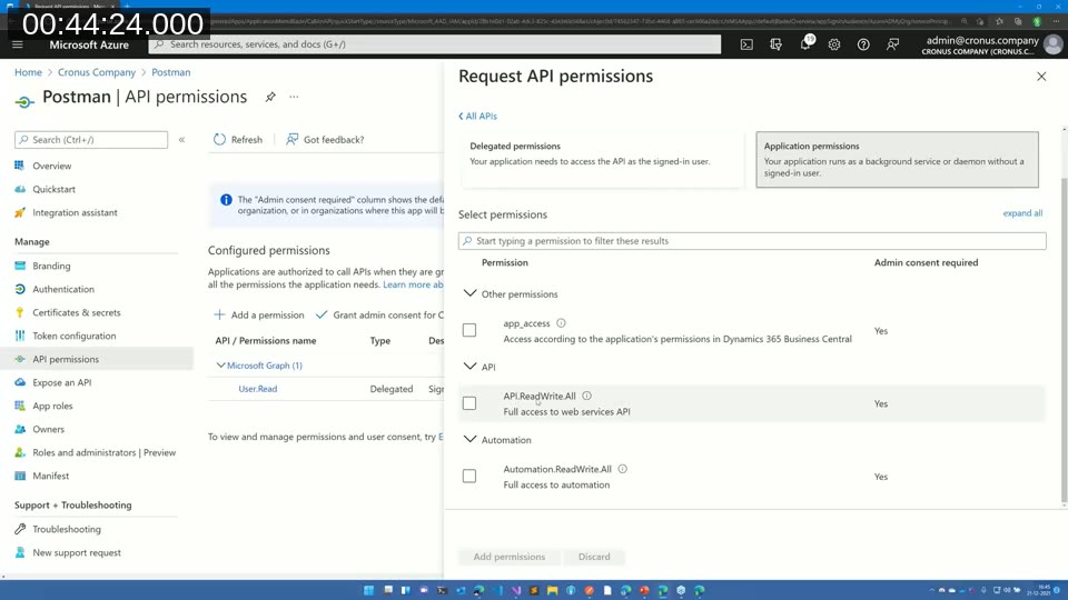 Azure AD Request API permissions screen showing delegated versus application permissions for Business Central