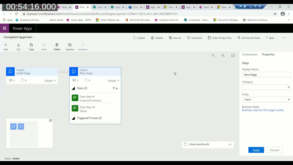 Complaint Approval business process flow designer in Power Apps showing the Initial Stage and New Stage with configured data steps