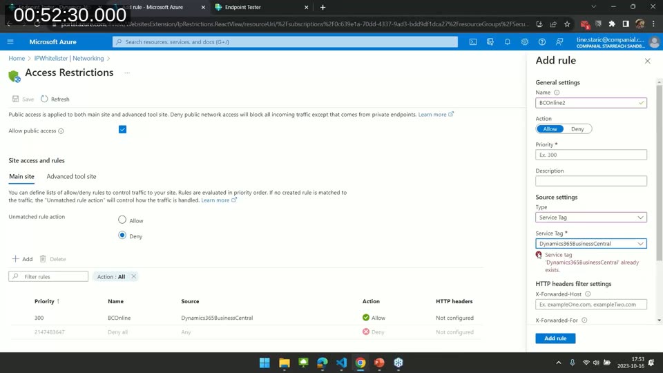 Azure Portal Access Restrictions screen adding a rule scoped to the Dynamics365BusinessCentral service tag