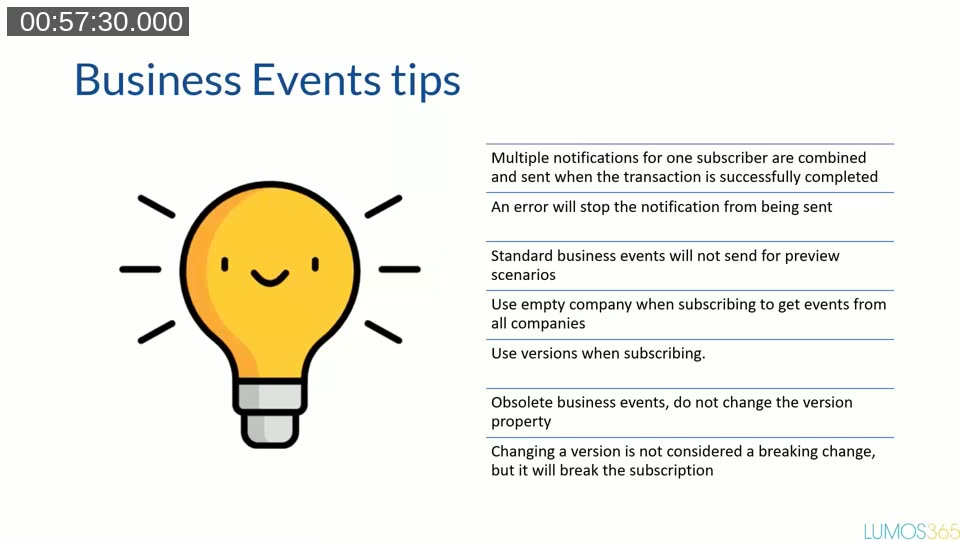 Slide with tips for working with business events in Business Central