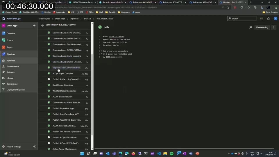 Azure DevOps CI pipeline run showing compile, Docker container setup, and test steps, with 100% of tests passed