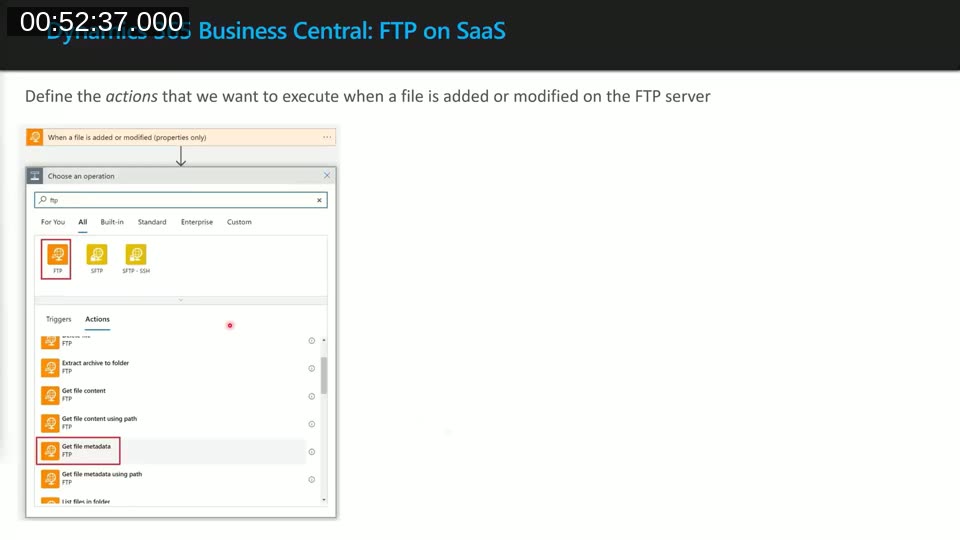 Logic Apps designer showing the FTP connector's Get file metadata action being selected after a When a file is added or modified trigger