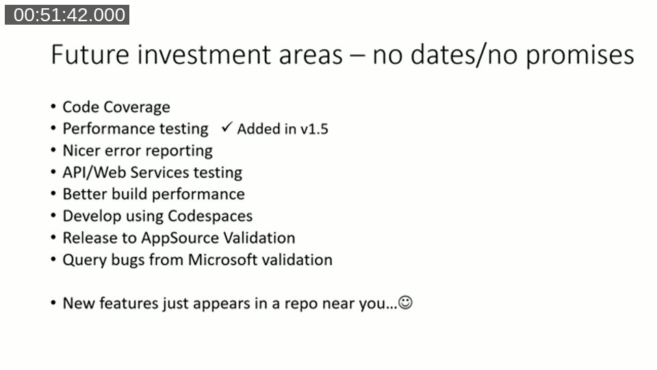 Slide 'Future investment areas - no dates/no promises' listing code coverage, performance testing, API/web services testing, and AppSource validation