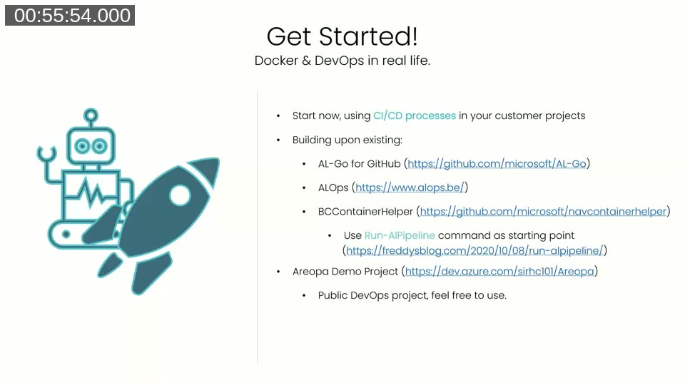 Get Started slide listing AL-Go for GitHub, ALOps, BcContainerHelper, and the public Areopa demo DevOps project