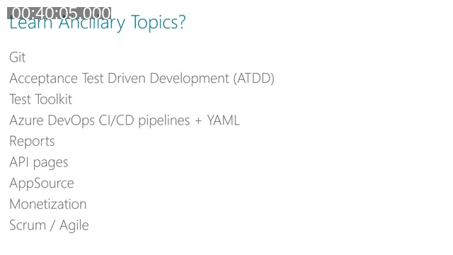 Slide titled 'Learn Ancillary Topics?' listing Git, Acceptance Test Driven Development (ATDD), Test Toolkit, Azure DevOps CI/CD pipelines plus YAML, Reports, API pages, AppSource, Monetization, and Scrum/Agile