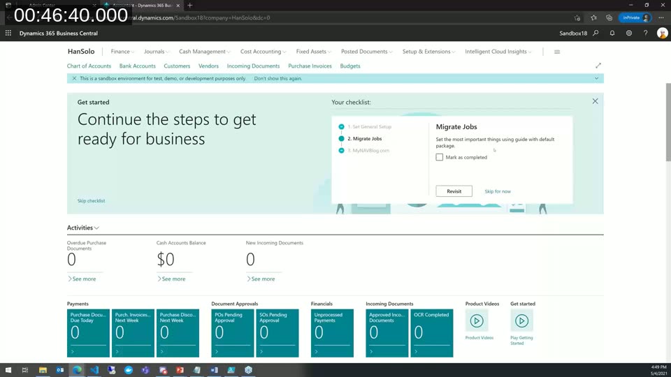 Business Manager role center in Business Central showing the live checklist banner with Set General Setup, Migrate Jobs, and MyNAVBlog.com items