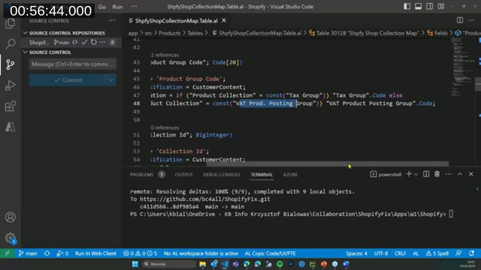 Visual Studio Code showing a field length fix in the Shopify connector's Shpfy Shop Collection Map table, ready to commit and push