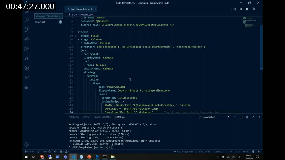 Multi-stage pipeline YAML showing a Release stage with a condition that only runs on the master branch