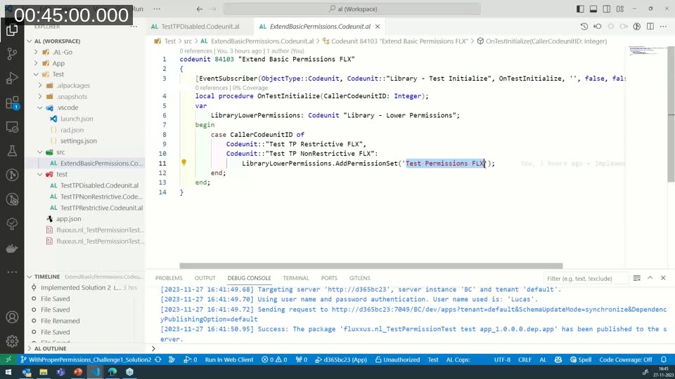 AL code for an OnTestInitialize subscriber that adds a permission set depending on the calling test codeunit
