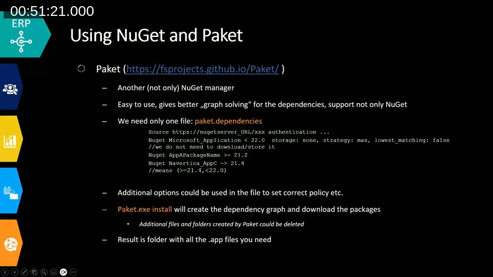 Slide showing an example paket.dependencies file with source, version constraints, and storage options