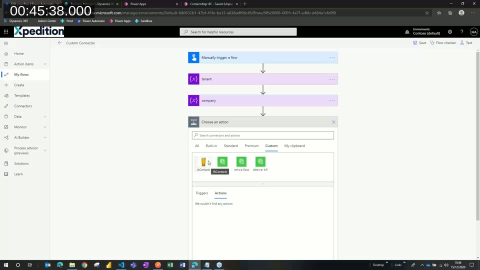 Power Automate flow builder showing tenant and company variables followed by an action picker listing the custom Webinar API connector