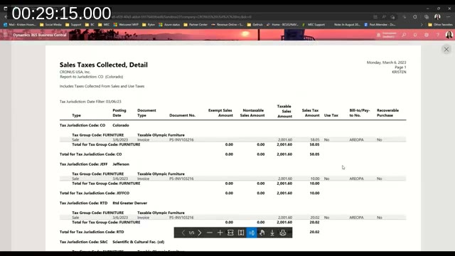 Sales Taxes Collected, Detail report showing taxable sales and tax amounts by jurisdiction