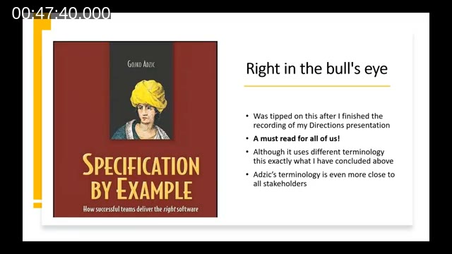 Slide showing the cover of Gojko Adzic's book Specification by Example: How Successful Teams Deliver the Right Software, with the heading 'Right in the bull's eye'