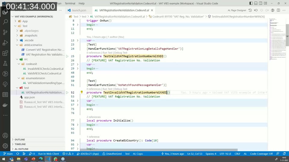 AL test codeunit with valid and invalid VAT registration number tests using dependency injection