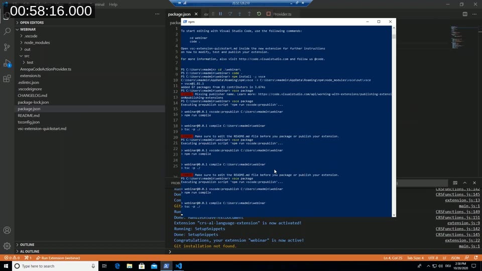 Terminal output of vsce package, including the Missing publisher name error and a link to the publishing extensions documentation