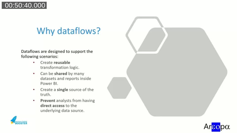 Summary slide 'Why dataflows?' listing four scenarios: create reusable transformation logic, share across many datasets and reports, create a single source of truth, and prevent analysts from needing direct access to the underlying data source