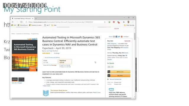Screen share of the Amazon listing for Luc van Vugt's book 'Automated Testing in Microsoft Dynamics 365 Business Central', shown live during the Q&A in response to a question about ATDD resources