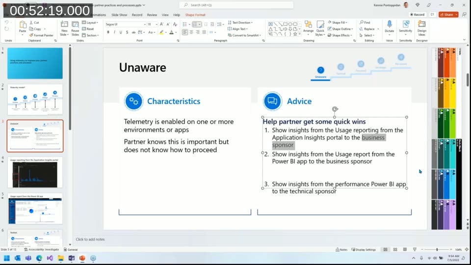Slide adapting the Gartner BI maturity model to a Business Central partner practice, showing the Unaware stage with characteristics and advice
