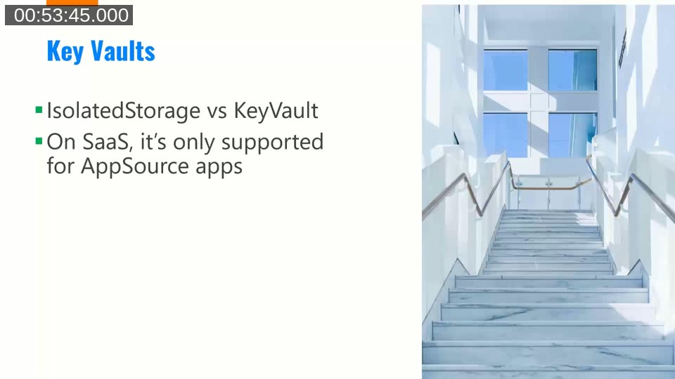 Summary slide comparing Isolated Storage and Key Vault, noting Key Vault is only supported for AppSource apps on SaaS