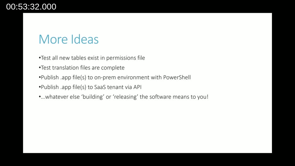 More Ideas slide listing additional pipeline checks: permissions, translation files, on-prem and SaaS publishing