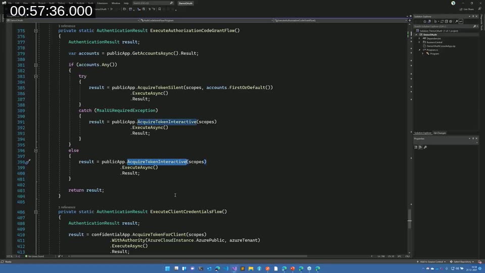C# code using MSAL with AcquireTokenInteractive and AcquireTokenForClient to implement the authorization code and client credentials flows