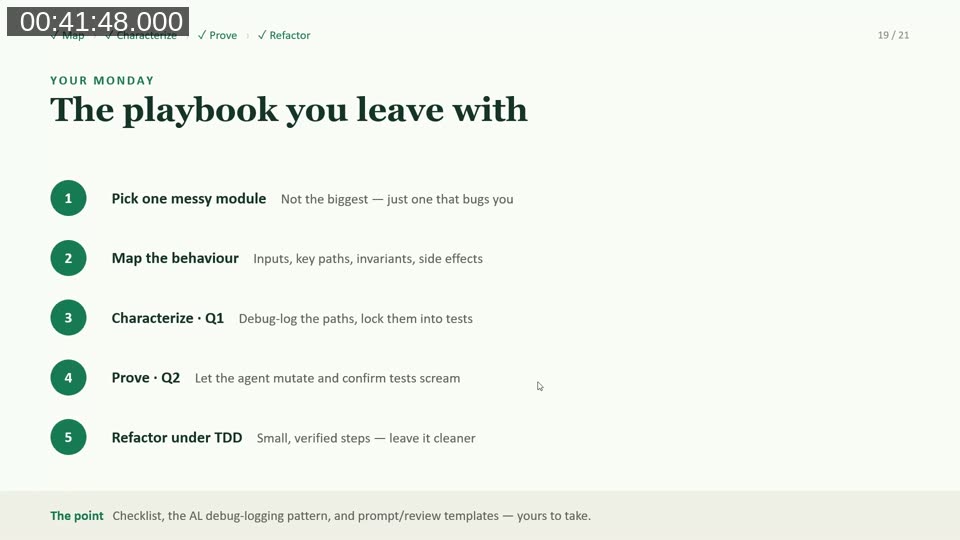 Slide: The playbook you leave with - a five-step checklist for starting on Monday