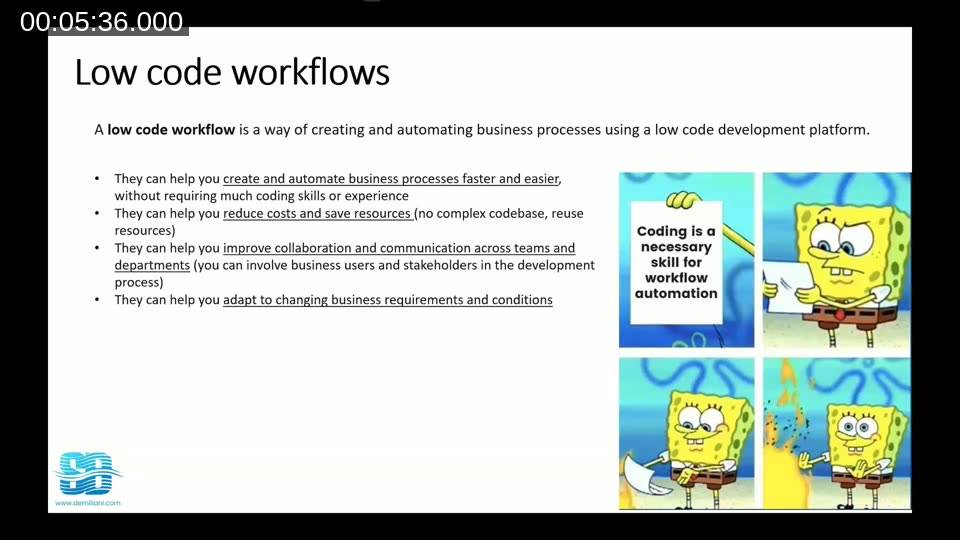 Low-code workflows: faster delivery, reduced cost and easier adaptation — but as Stefano will spend the rest of the session arguing, 'easy to build' is not the same as 'performs well at scale'.