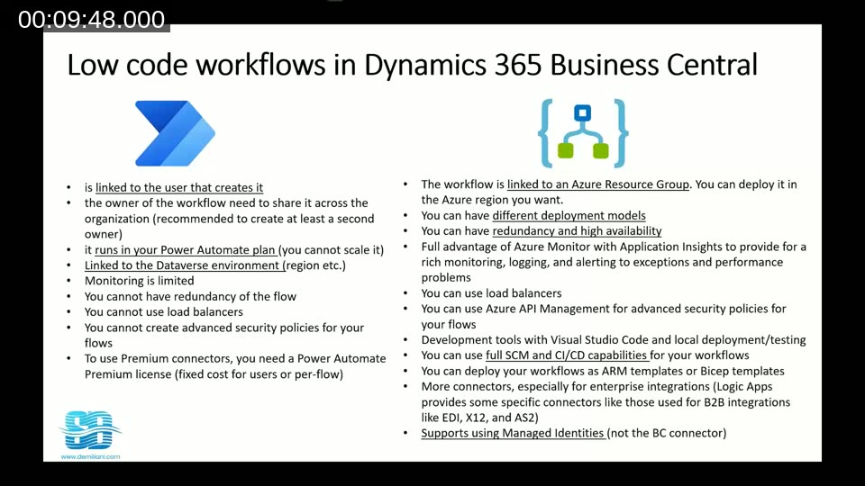 Power Automate vs. Azure Logic Apps for Business Central: ownership, scalability, monitoring, redundancy, security and CI/CD — the comparison that frames the rest of the talk.