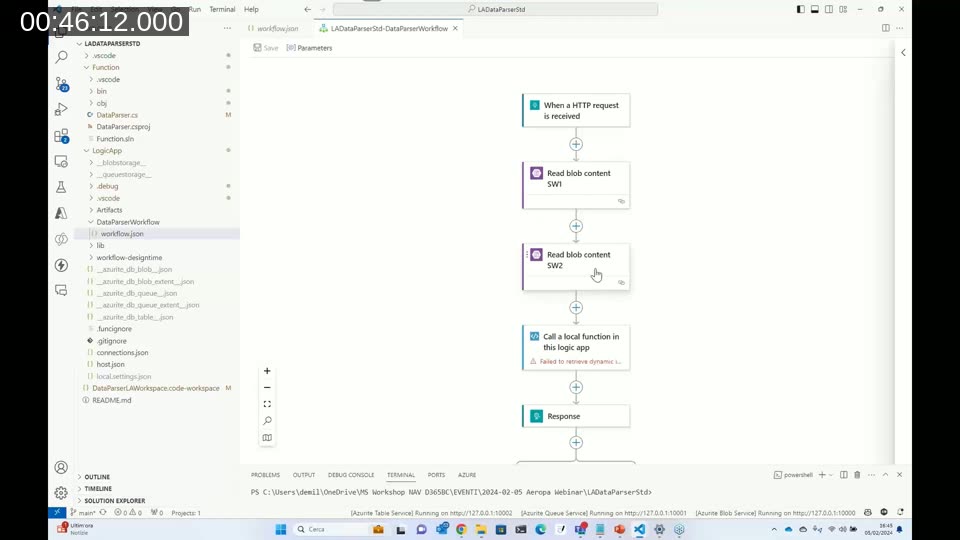 Logic Apps Standard project in Visual Studio Code: a LogicApp folder containing the workflow.json plus a Function folder with a .NET project that the workflow can call directly.