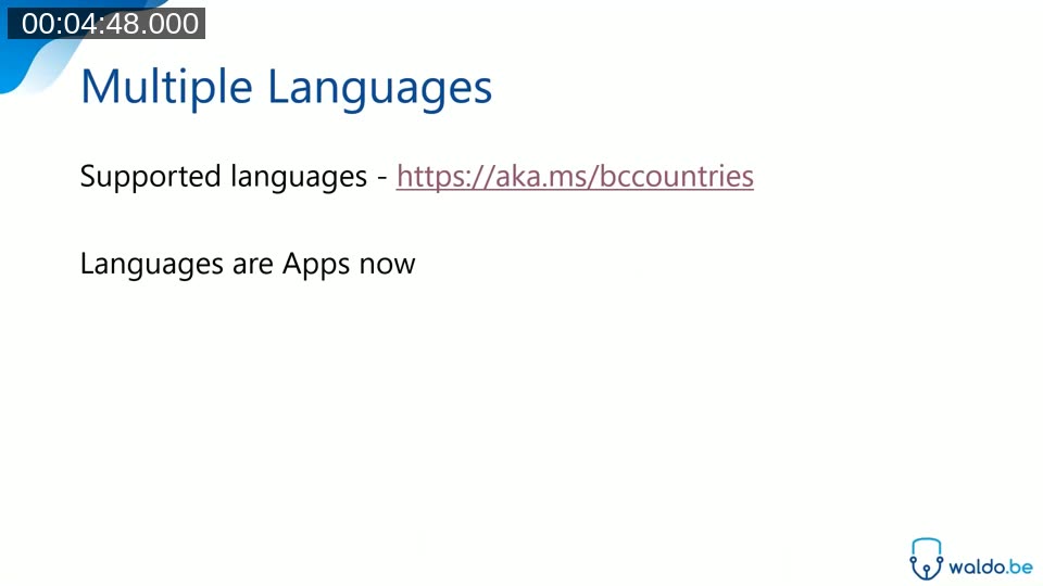 BC 2020 Wave 1 languages as apps: supported countries and languages listed at aka.ms/bccountries, installable from AppSource