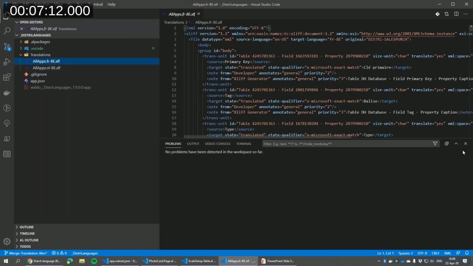 Language app structure: merged XLIFF translation file covering Dutch and French for a suite of related extensions