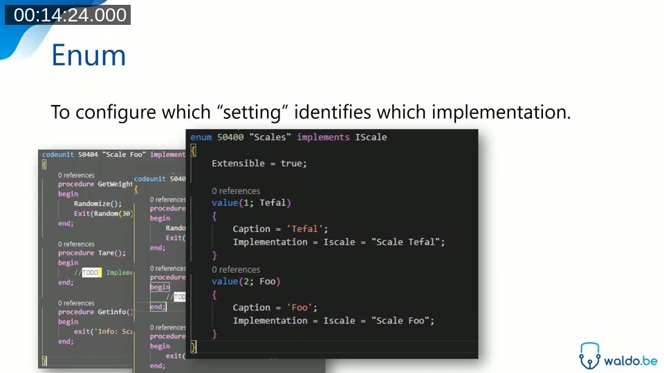 Interface and enum code example: IScale interface with GetWeight, Tare, and GetInfo procedures; Scales enum mapping values to implementation codeunits