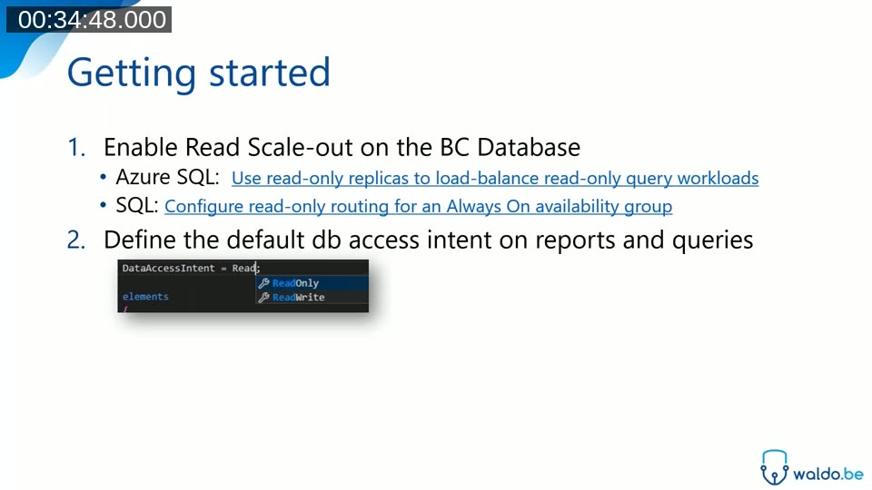 Read scale-out: DataAccessIntent property on report, query, and API page objects; Database Access Intent List page for per-object overrides