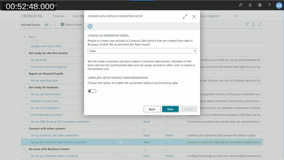 Common Data Service Connection Setup assisted setup guide in BC v16: ownership model selection and initial synchronisation configuration