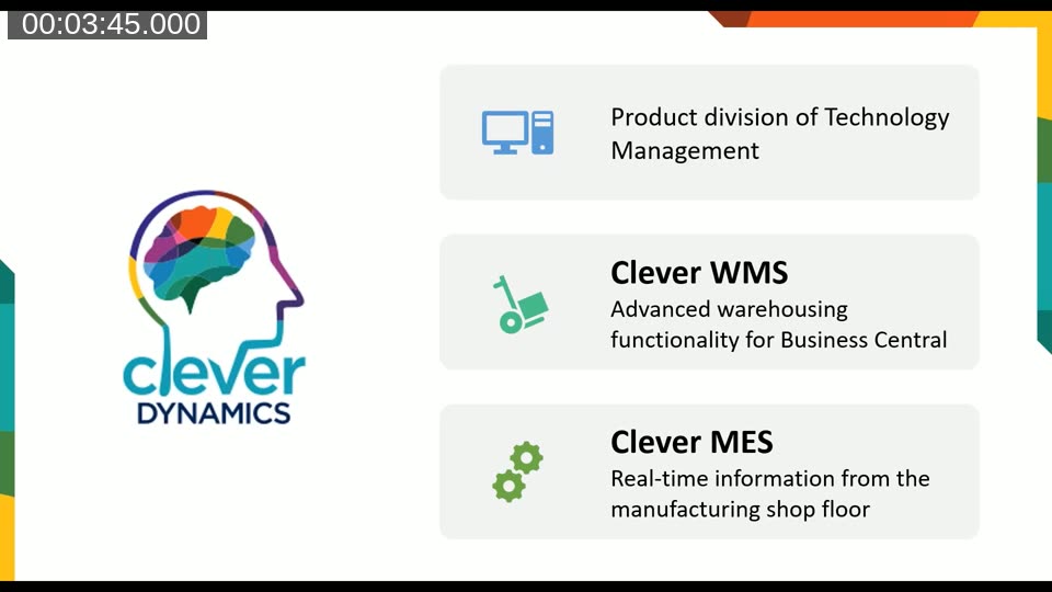 Introduction slide for Clever Dynamics and Technology Management — 300+ Business Central customers, warehouse management and manufacturing focus
