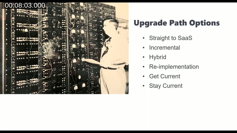 Six upgrade path options: straight to SaaS, incremental via BC 14, hybrid, re-implementation, Get Current, and Stay Current