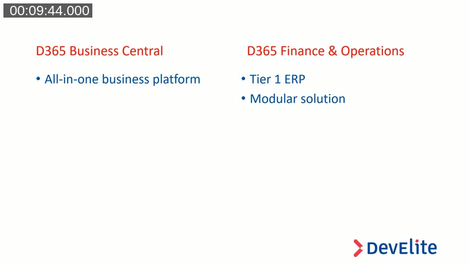 Positioning diagram comparing Business Central (SMB, all-in-one) versus D365 Finance (Tier 1 ERP, mid to large enterprise)